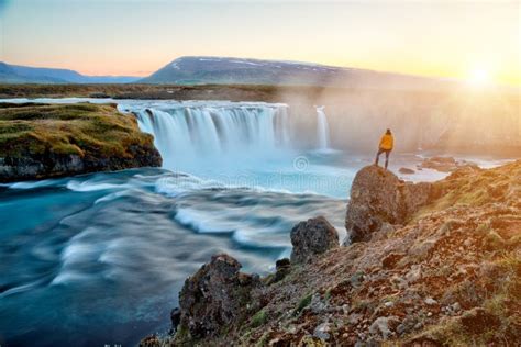 Amazing Godafoss Waterfall In Iceland During Sunset Stock Image Image