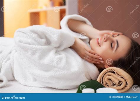 pretty woman receiving a relaxing massage at the spa salon stock image image of masseur