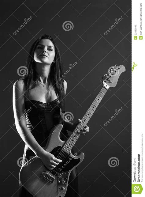 Beautiful Female Guitar Player Black And White Stock Photo