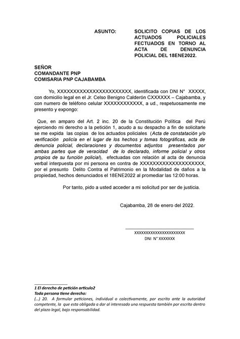 Modelo De Solicitud Para Solicitar Copia De Los Actudos Policiles ASUNTO SOLICITO COPIAS DE