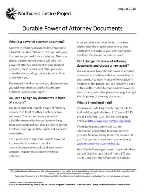 Free Durable Power Of Attorney Form Washington