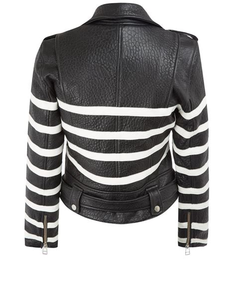 Womens Black And White Striped Leather Biker Jacket Jackets Town