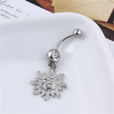 1pc Crystal Dangle Belly Rings Navel Belly Button Ring Bars Piercing Surgical Steel Sunflower