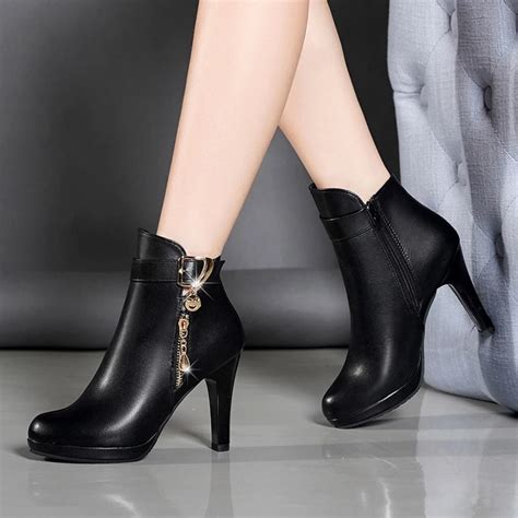 Women Ankle Boots Thin Heel Zipper Casual Leather Boots Womens Boots Ankle Casual Leather