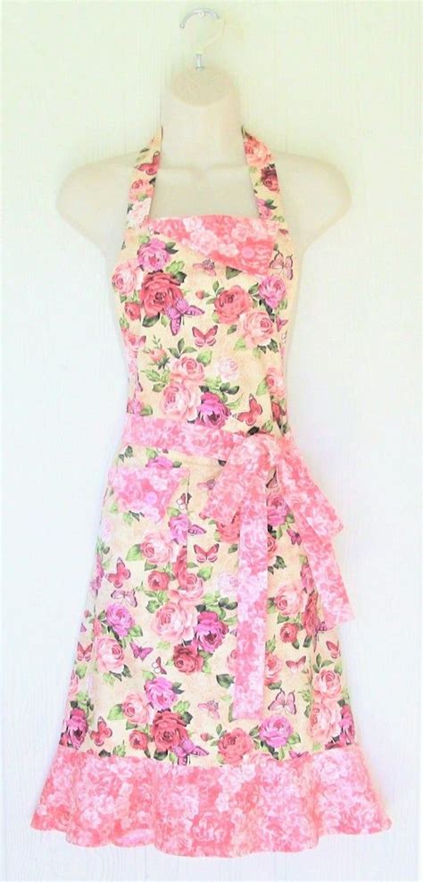 Pink Floral Apron For Women Roses And Butterflies Cottage Etsy Womens Aprons Vintage Style