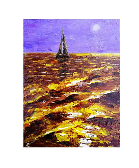 Sailboat Painting Gold Seascape Original Art Boat Painting Etsy