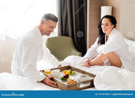 Bringing Breakfast In Bed For Smiling Stock Photo Image Of