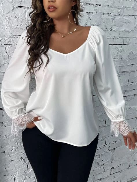 Plus Sweetheart Neck Contrast Lace Flounce Sleeve Blouse In 2023