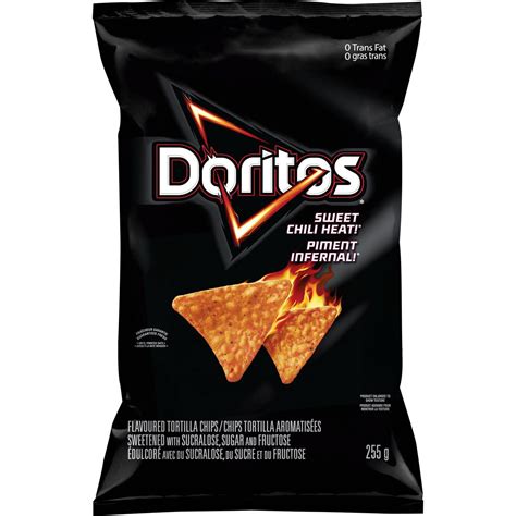 Selected corn, vegetable oil, seasoning (salt, sugar, hydrolyzed soy & corn protein, monosodium glutamate, corn maltodextrin, sodium acetate, onion powder, acetic acid, soy sauce solids (contains wheat & soybean), fructose, garlic powder, spice (includes chili pepper), yeast extract, malic acid, flavour, disodium inosinate, disodium guanylate, sucralose (2.1 mg/50 g), calcium hydroxide. Doritos Sweet Chili Heat Chips - 255g | East Coast Catalog