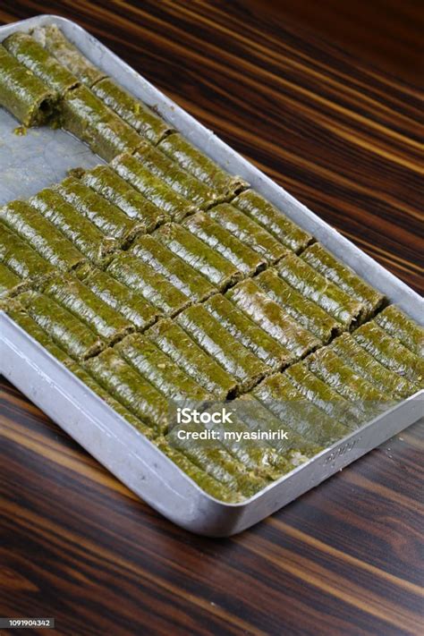 Turkish Pistachio Roll Dessert Fistikli Sarma Baklava Stock Photo