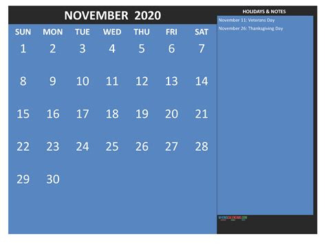 Printable November 2020 Calendar With Holidays Word