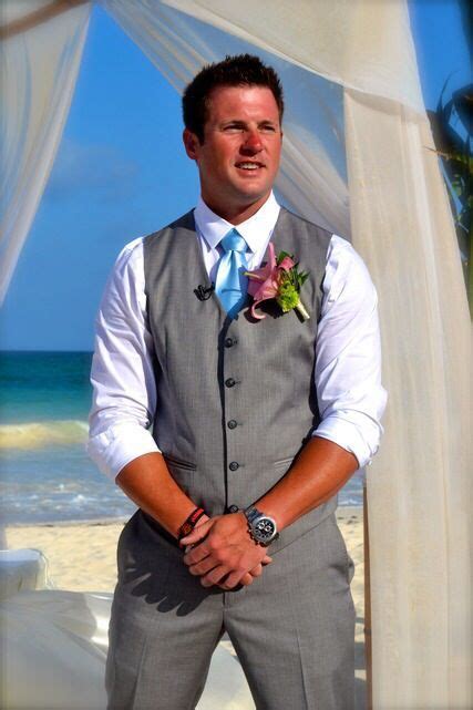 The ideal beach wedding attire for men allows them to stay comfortable while still looking sharp. Image result for mens wedding beach vest | Reception ideas ...