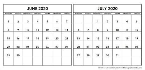 Two Month June And July 2020 Calendar Template