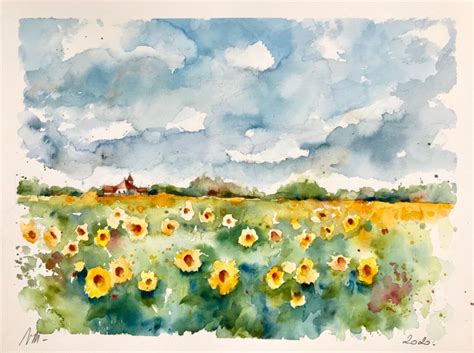 Mon EBay En Cours Watercolor Sunflower Fields Painting