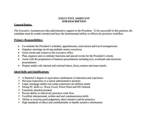 They undertake a wide variety of duties and responsibilities in a number of different industries. 10+ Executive Assistant Job Description Templates - Free ...