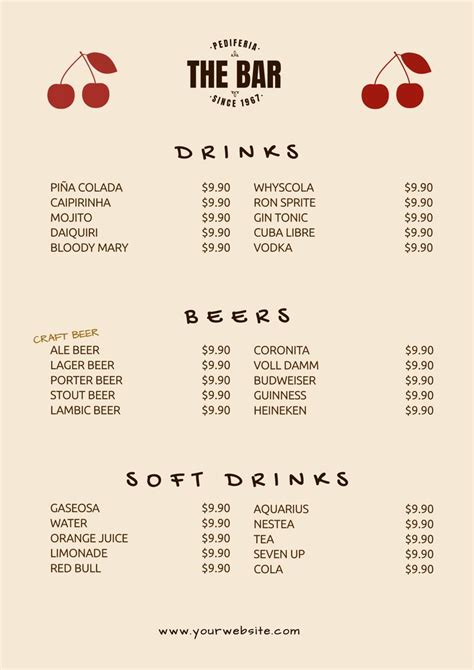 Editable List For Drinks Beers And Soft Drinks Drink Menu Pina