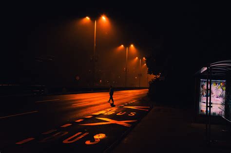 Wallpaper Orange Urban Lights Silhouette Road Lamp Rain Mist