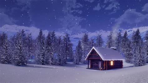 Solitary Snowbound Log Cabin With Smoking Chimney And Lighted Window