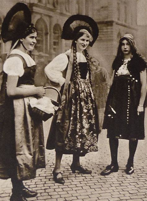1930s Vintage Print Of Swiss Girls In Traditional Dress National