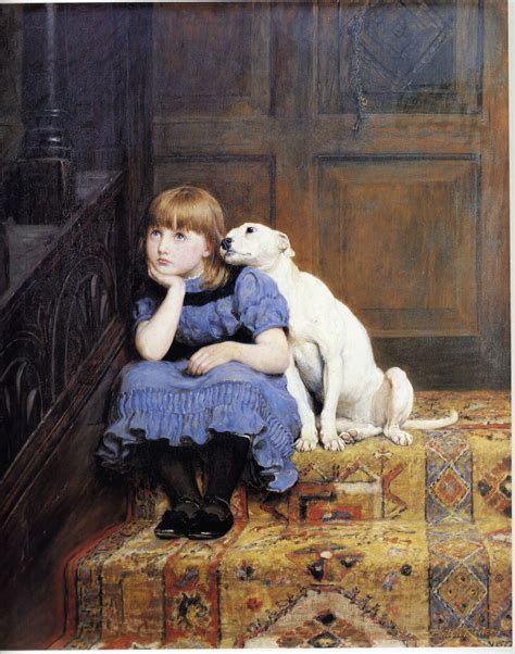 Briton Riviere Painting Sympathy Girl And Dog On The Stairs Quality Print