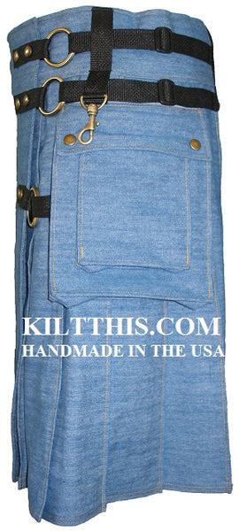 Blue Jean Denim Utility Kilt Adjustable Custom Fit With Cargo Pockets