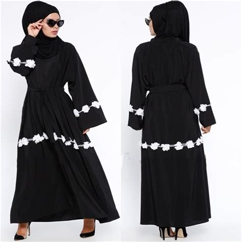 Fashion Black Abaya Muslim Long Sleeves Dress Ribbons Flowers Open Robe Turkish Islamic Clothing