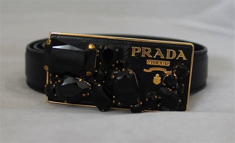 Prada Black Saffiano Leather Belt With Gold Rhinestone Buckle At