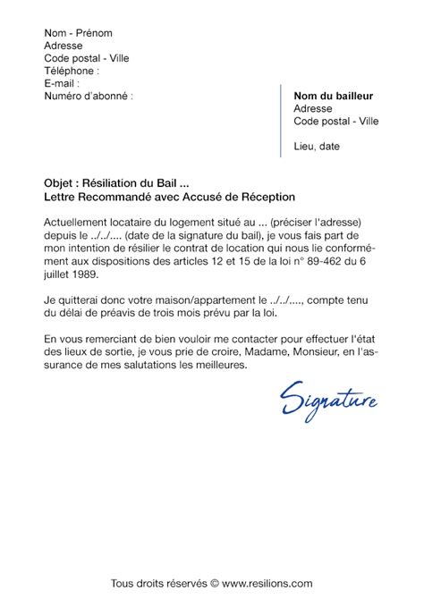 Lettre de résiliation Bail Appartement Maison Modèle PDF et Word