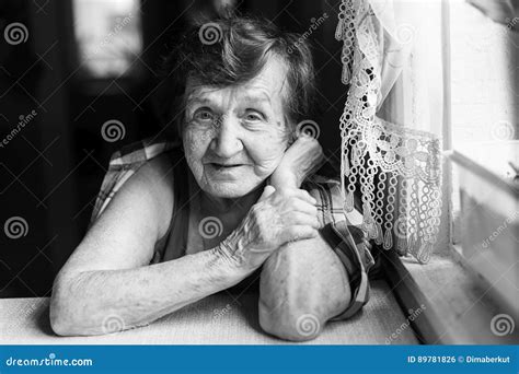 Black And White Portrait Of An Elderly Happy Woman Stock Photo Image