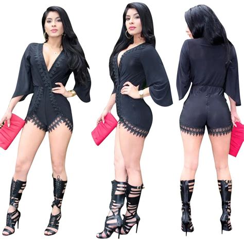 2017 New Arrival Sexy Black V Neck Long Sleeves Lace Patchwork Short Bodycon Bodysuit One Piece