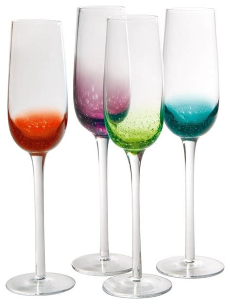 Artland Fizzy Assorted Color Flute Bar Glass Set Of 4 Contemporary Wine Glasses By