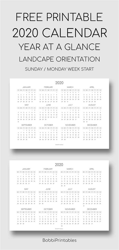 Printable 2020 Calendar Landscape