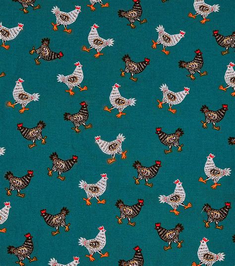 Novelty Cotton Fabric Pattern Chickens On Teal Joann