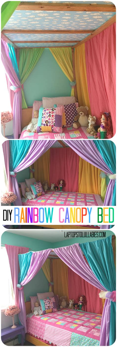 Camping tent bed in a kid's woodland bedroom. DIY canopy bed with rainbow curtains | Kids bedroom storage