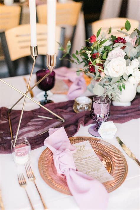 Elegant Reception Dinner With Pretty Plum Details At Betty Spaghetti — Burlap And Bordeaux Plum