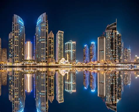 Cities Dubai Building City Night Reflection Skyscraper United