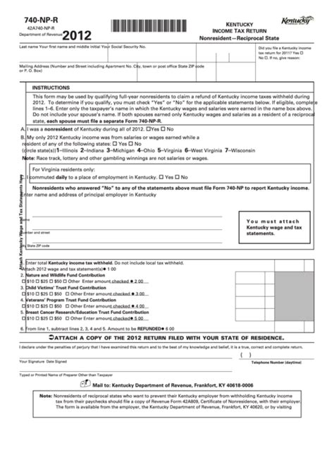 Fillable Form 740 Np R Kentucky Income Tax Return Nonresident