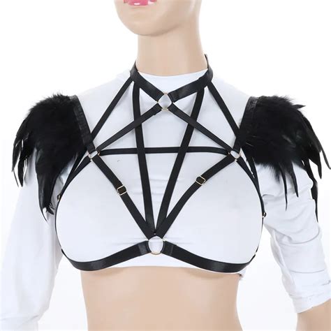 buy black sexy body harness for women feather epaulettes lingerie cage bra