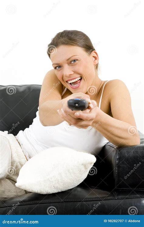 Nice Happy Woman Relaxing At Home Watching Tv Stock Image Image Of