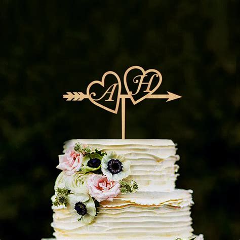Monogram Wedding Cake Topper Wood Initials Gold Silver Custom Heart