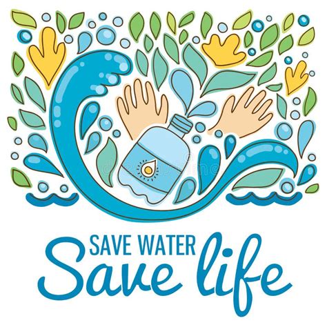 Save Water Save Life Hand Drawn Drops Waves Stock Vector