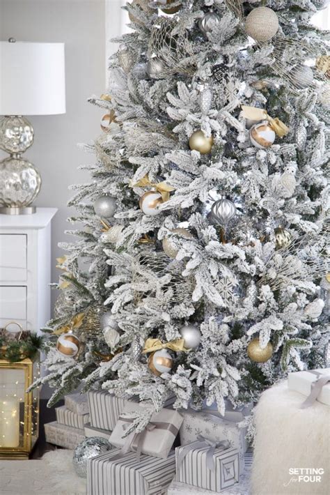 Silver And Gold Flocked Christmas Tree Decorations Setting For Four