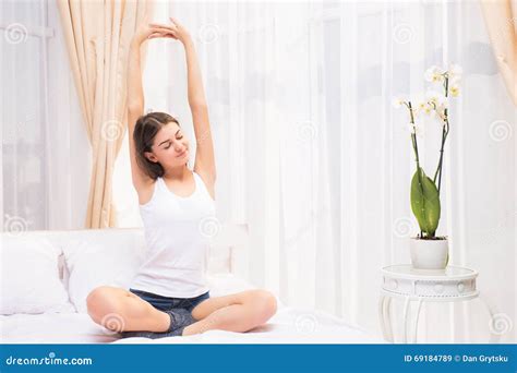 Beautiful Young Woman Waking Up And Stretching Stock Image Image Of