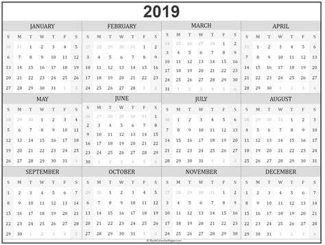 2019 Printable Calendar Templates Pdf Excel Word Free Calendars 2019