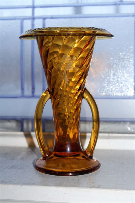 vintage art deco amber glass vase double handles and etched etsy