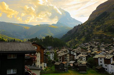 Idyllic Matterhorn Alpine Landscape Sunset Above Zermatt Swiss Alps