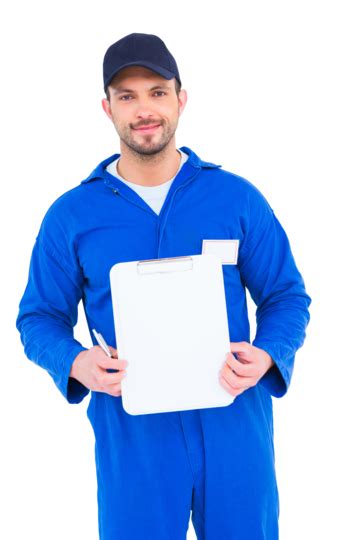 Male Mechanic Holding Clipboard Reading White Background Manual