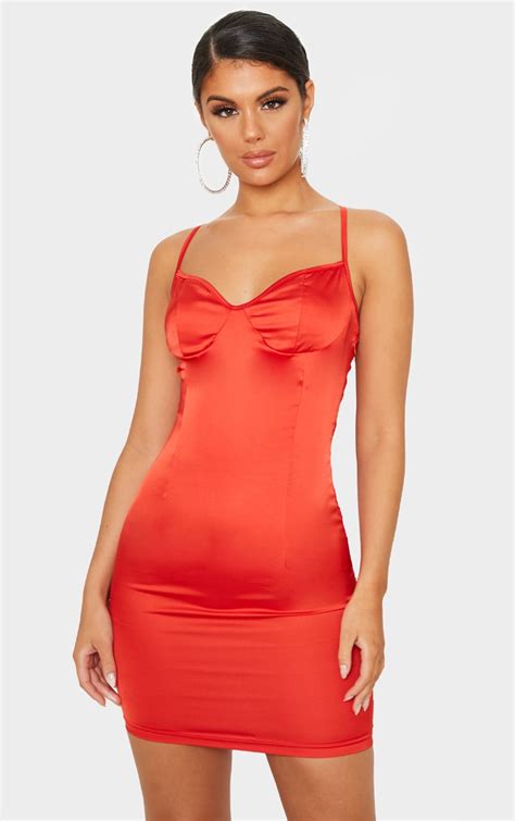 red stretch satin cup detail bodycon dress prettylittlething usa