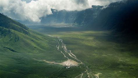 Download Wallpaper 960x544 Valley Road Aerial View Hills Clouds