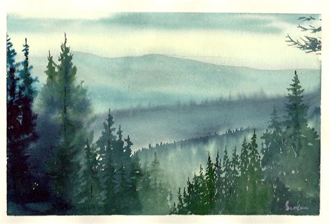 Foggy Pacific Northwest Landscape Paintings Watercolor Landscape